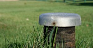 An image of a septic system cover in the grass.